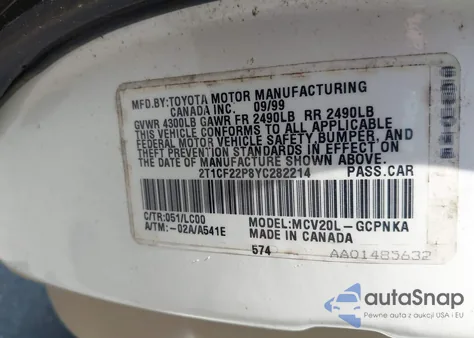 2000 Toyota Camry Solara Sle V6 z USA, uszkodzony, nr VIN 2T1CF22P8YC282214